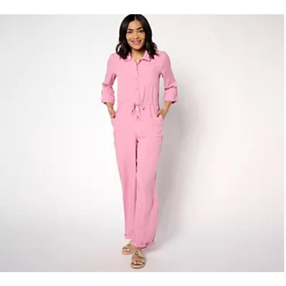 Muk Luks Pink Collared Long-Sleeve Jumpsuit